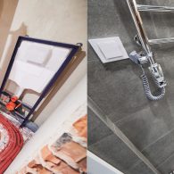 Comparison of washroom lavatory before and after renovation. Old apartment restroom with underfloor heating pipes and new renovated toilet room with electric towel dryer.